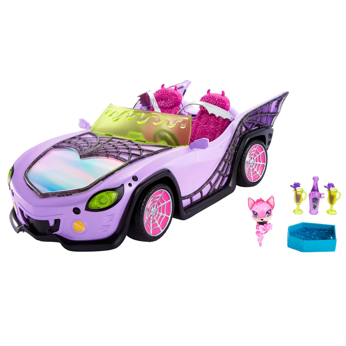 Monster High purple convertible with spider web auto accessories for doll