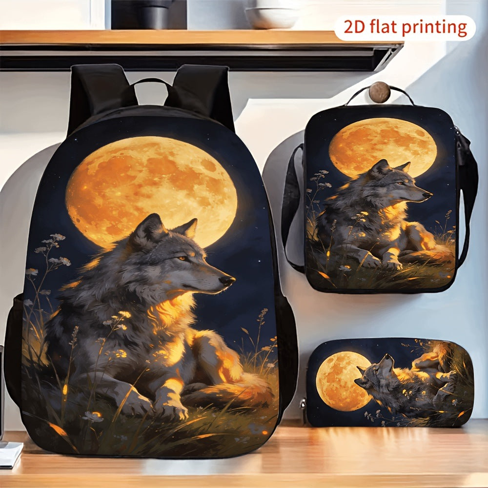 Moonlight Wolf Print Backpack Combo Set with Lunch Pencil Case