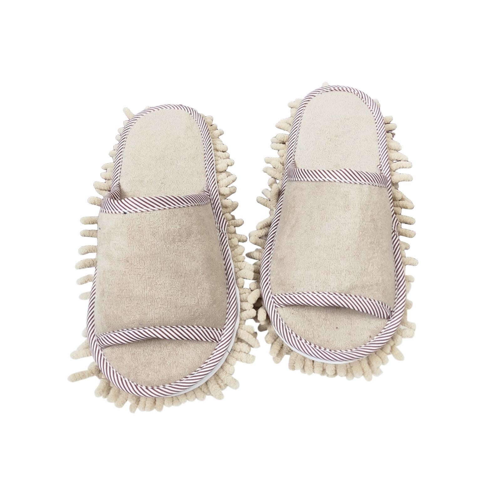 Mop Slippers Microfiber Chenille Floor Cleaning Shoes Detachable Dust Beige Packaging status original