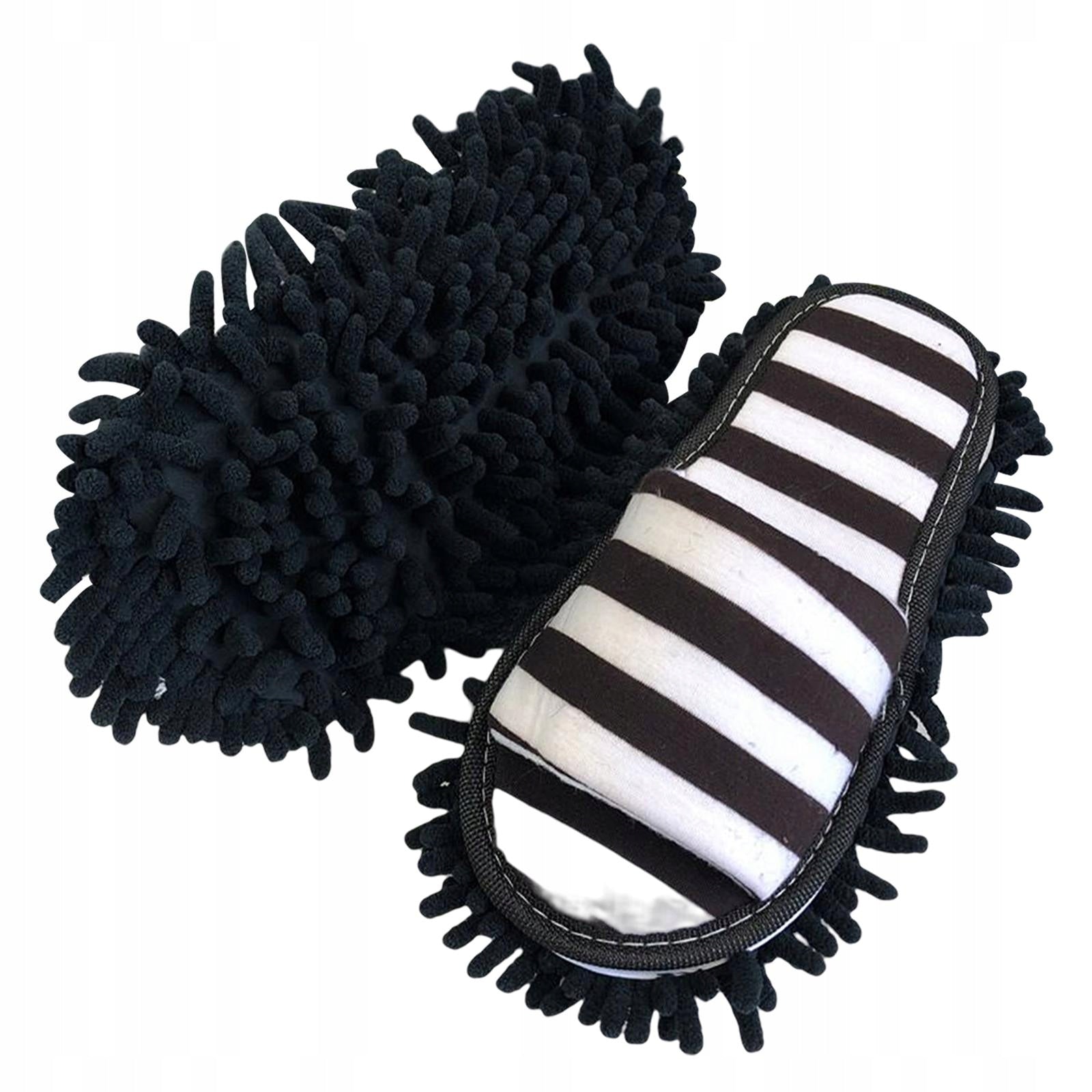 Mop Slippers Pair Reusable Portable Chenille Dust Floor Cleaner Black White