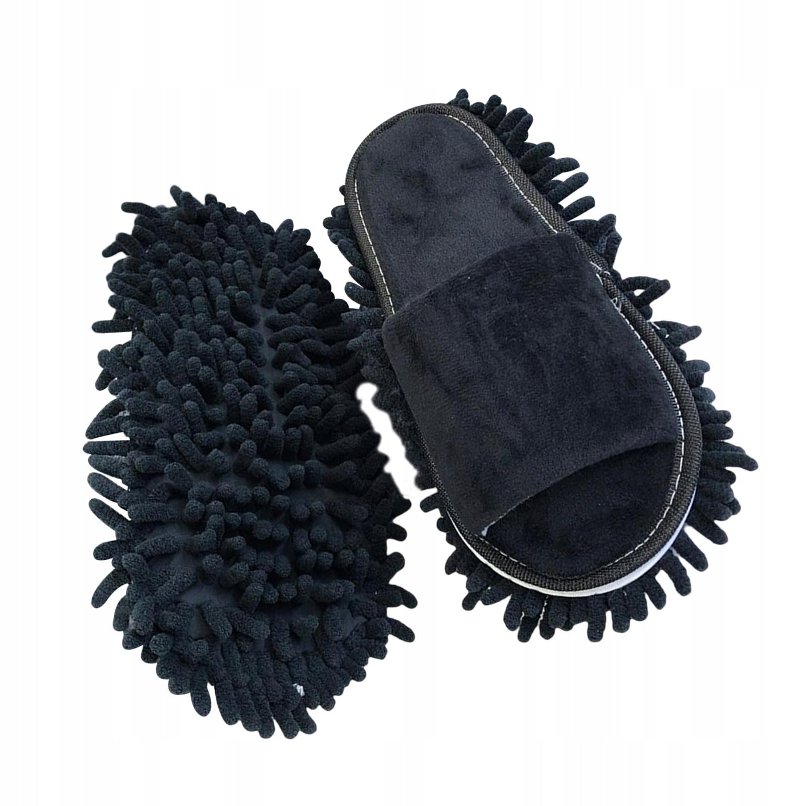 Mop Slippers Pair Reusable Portable Chenille Dust Floor Cleaner Black