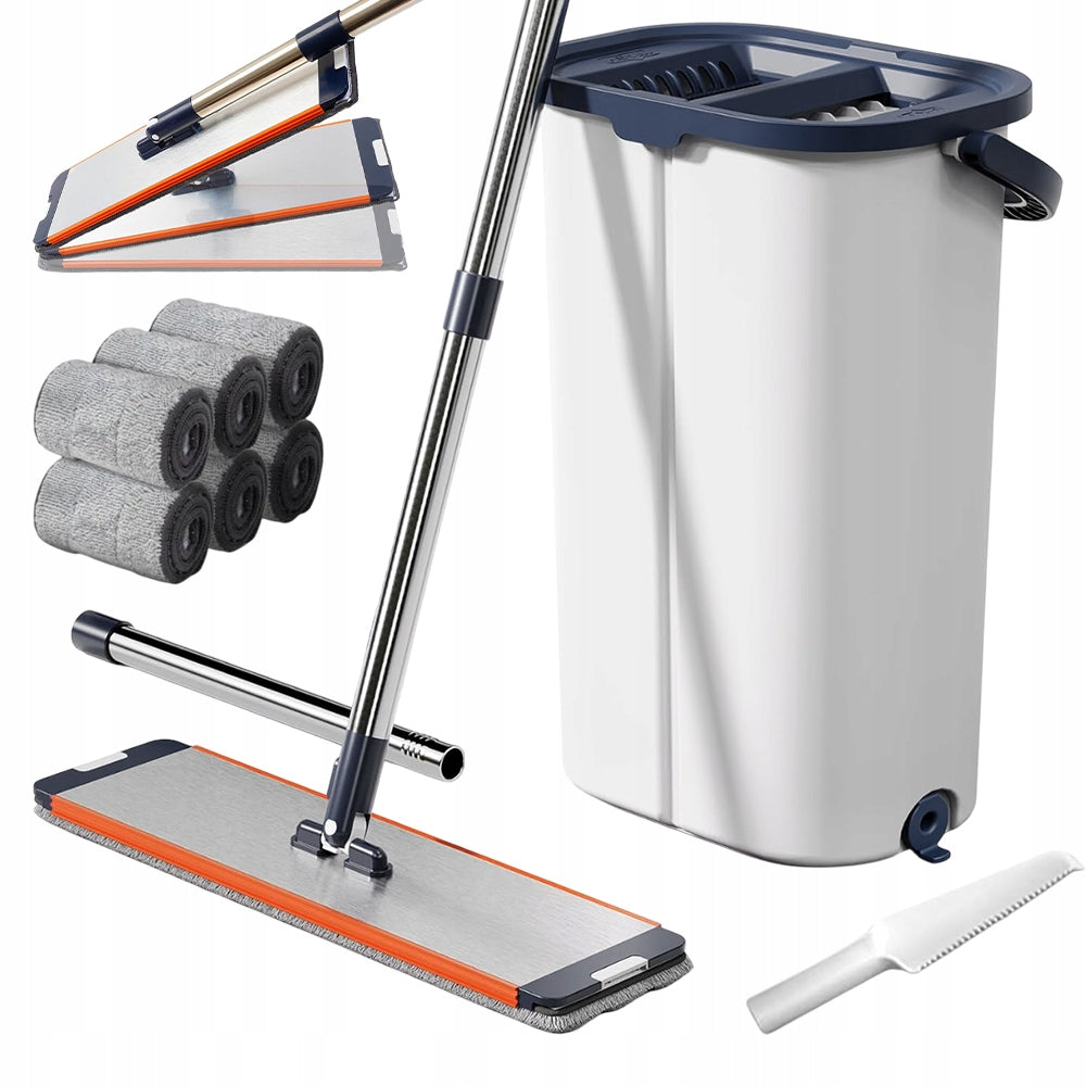 Mop with Bucket Flat Two Chamber Squeezer + 6 Microfiber Cartridges Set