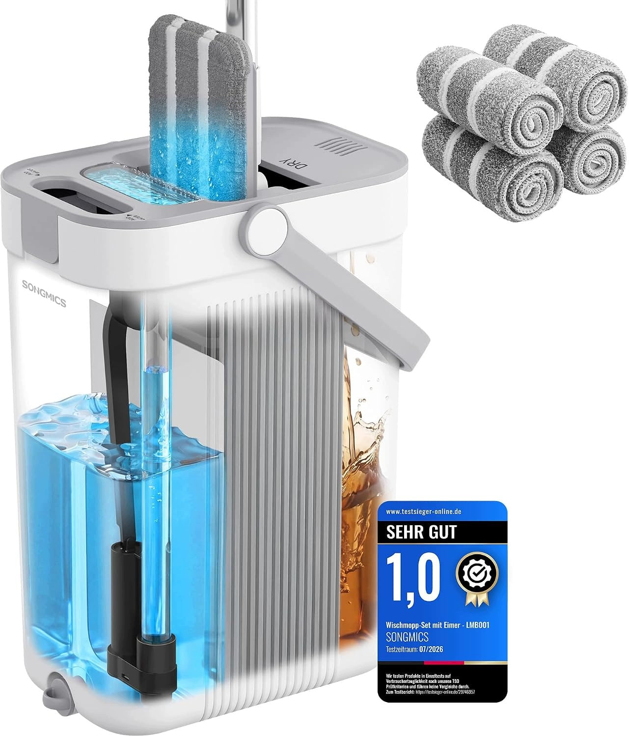 Mop with bucket separation of clean/dirty water 3 compartment head 360°