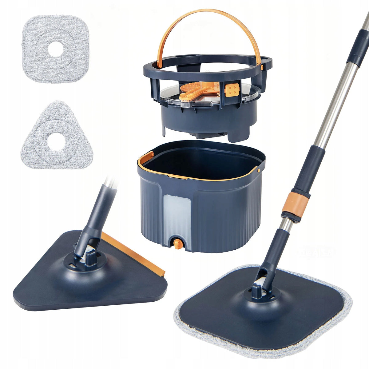 Mop with rotating head and bucket with water separation