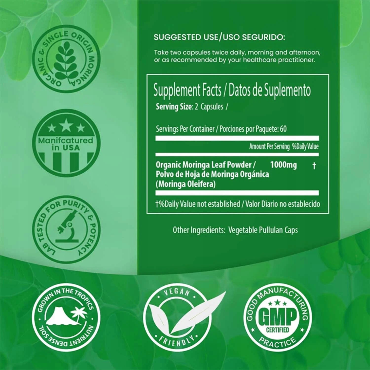 Moringa 1000 mg capsules – organic, natural, anti-aging, wsp Expiration date at least 1 year from the date of purchase
