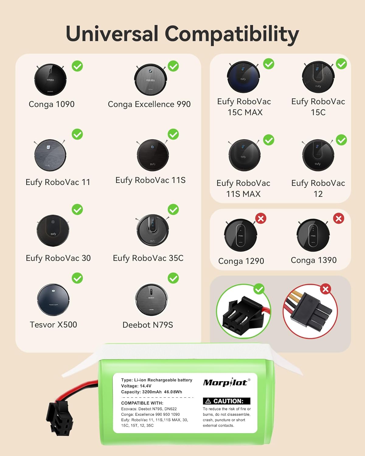 Morpilot Rechargeable Lithium-Ion Battery 14.4V 3200mAh Robot Vacuum Cleaner Dominant color not applicable