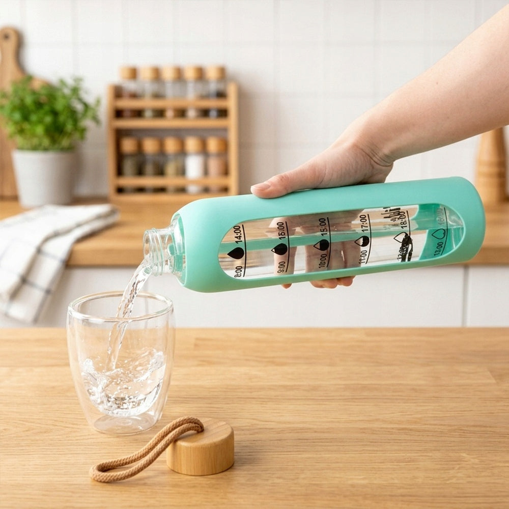 Motivational Water Bottle Glass Drinks Silicone Large Mint Water Bottle 1L Volume 1000 ml