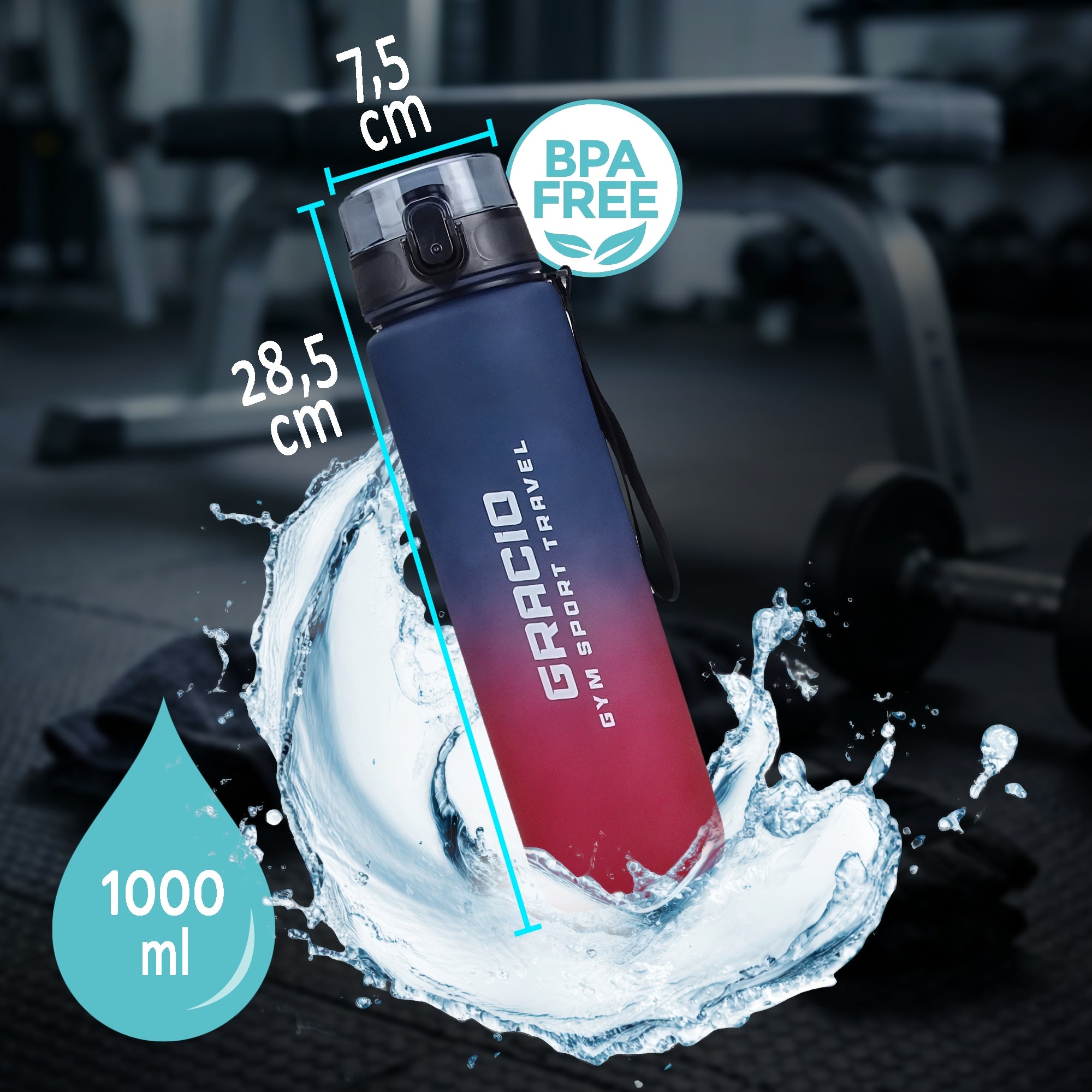 Motivational Water Bottle Tritan 1L Measure BPA Free Sport GRACIO Packaging status original