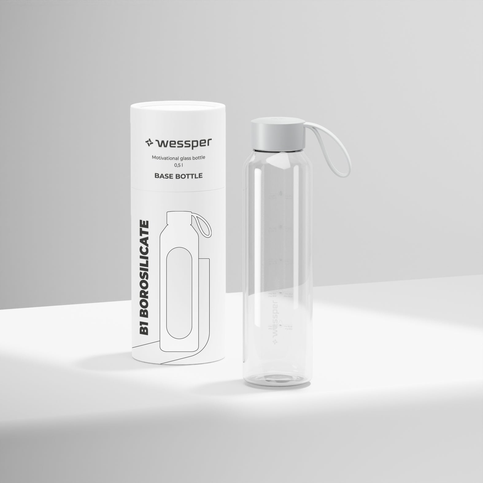 Motivational glass water bottle 0,5 l Wessper B1 BOROSILICATE Packaging status original