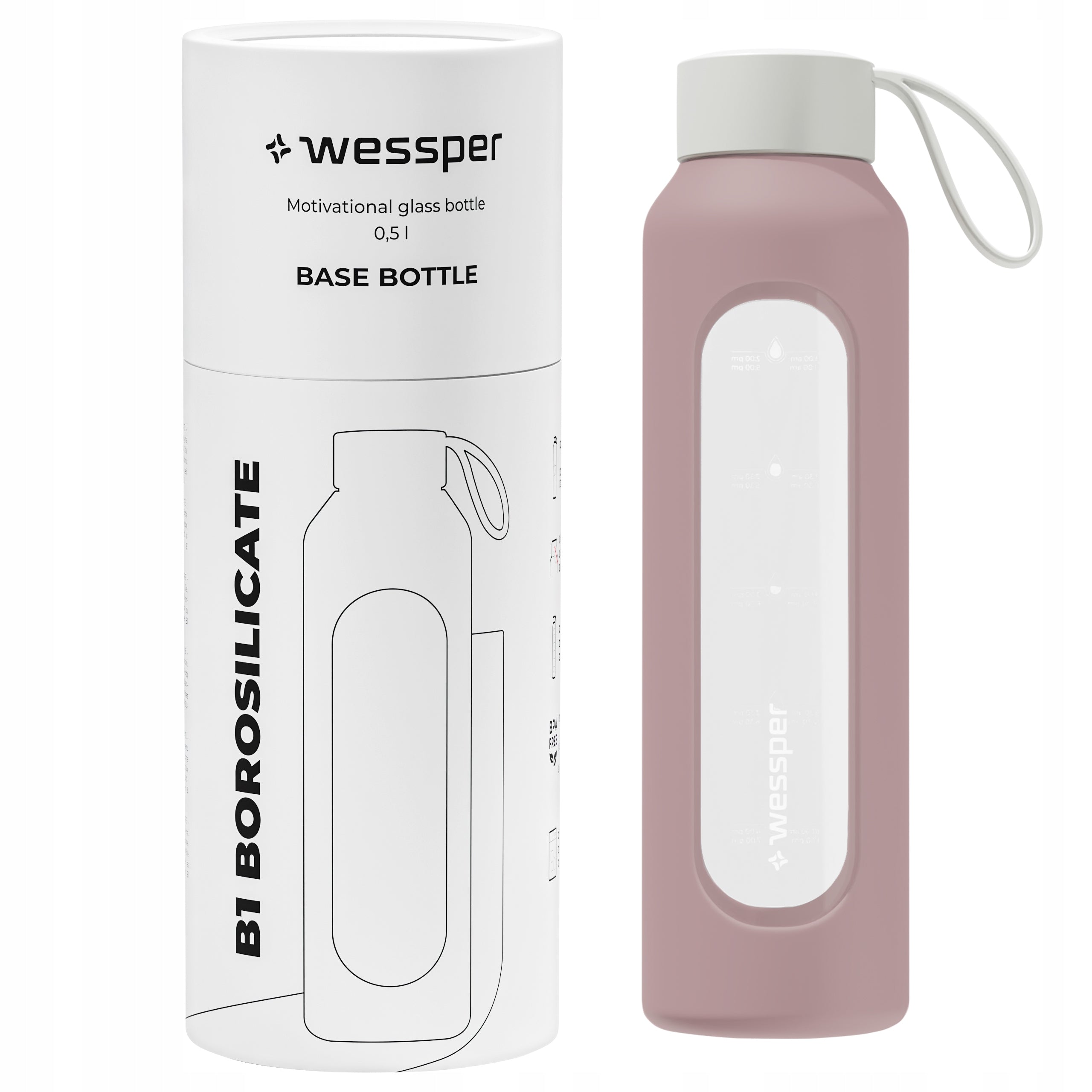 Motivational glass water bottle 0,5l Wessper B1 BOROSILICATE Dusty rose