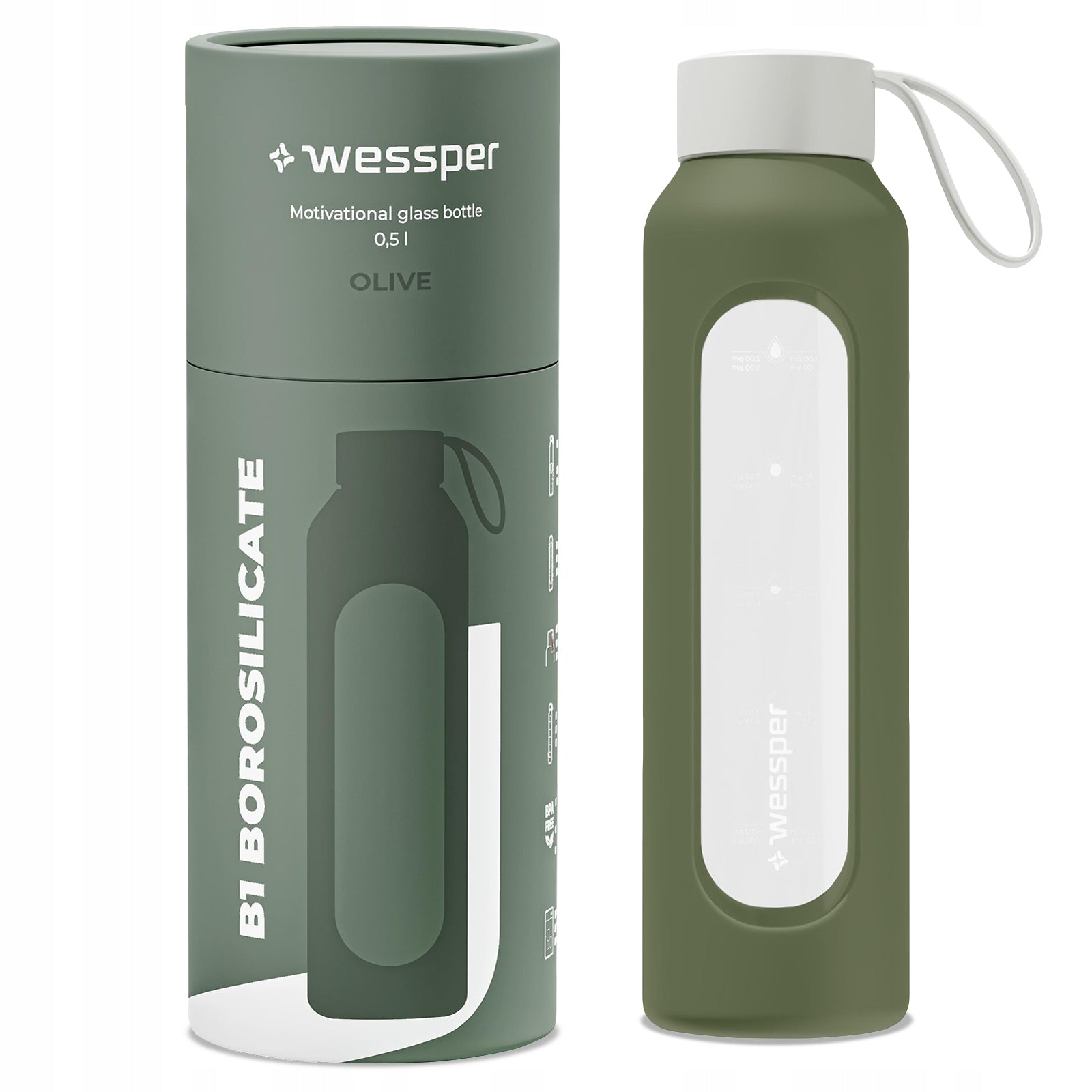 Motivational glass water bottle wessper 500ml plus Cover Packaging status original