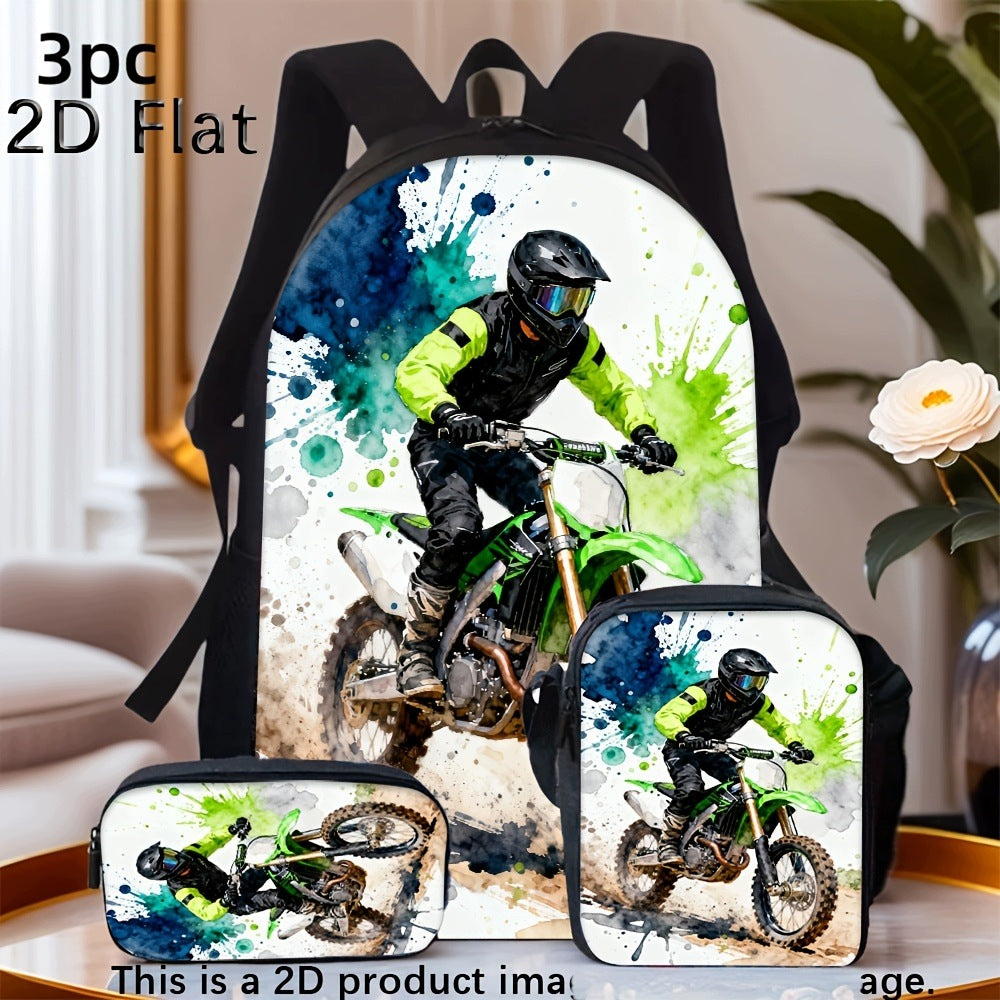 Motocross Dirt Bike Rider 3-Piece Backpack Set with Crossbody Bag