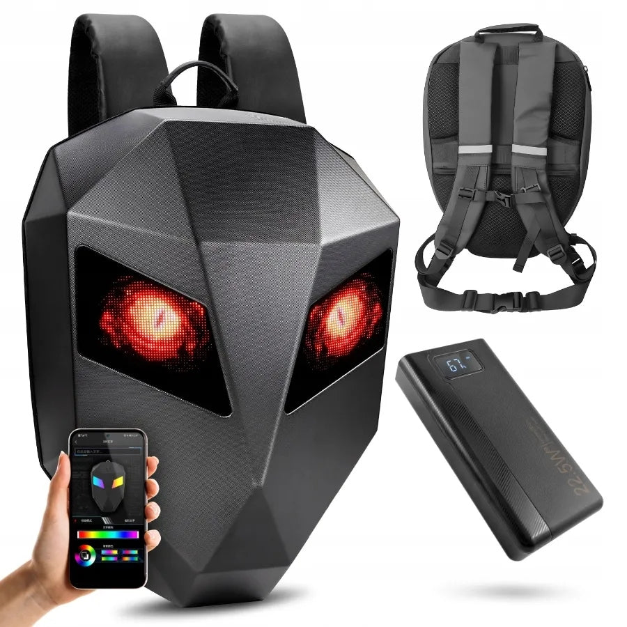 Motorcycle Backpack Iron Man Eyes LED Screen Spacious Waterproof + Powerbank BT