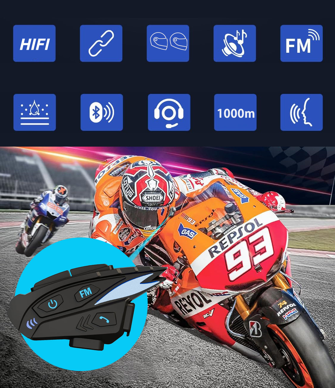 Motorcycle Bluetooth Intercom Headset for Helmet MESH 1000m FM IP67 1000mAh Packaging status original