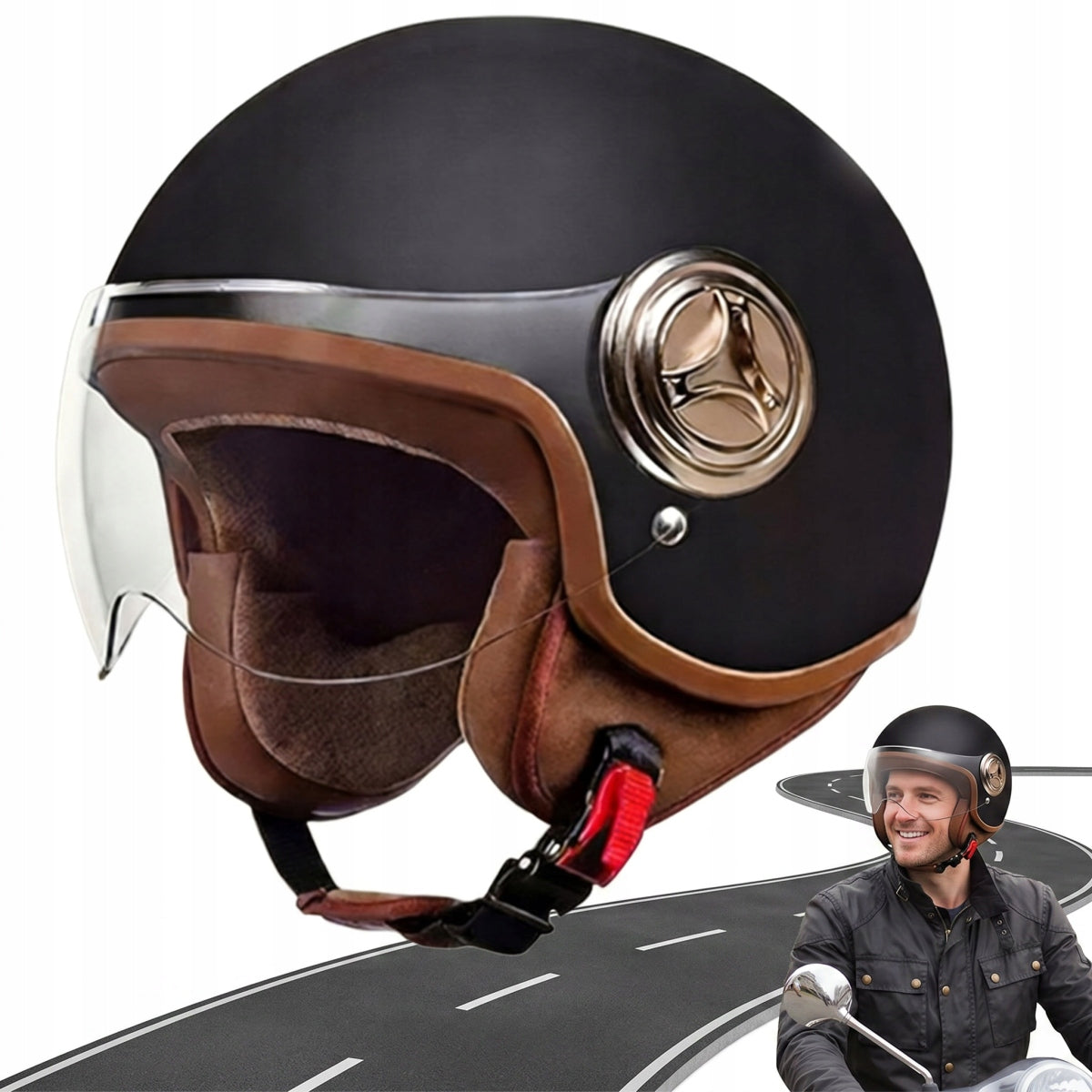 Motorcycle Helmet Elegant Premium Neo-Retro Black Mat Leather