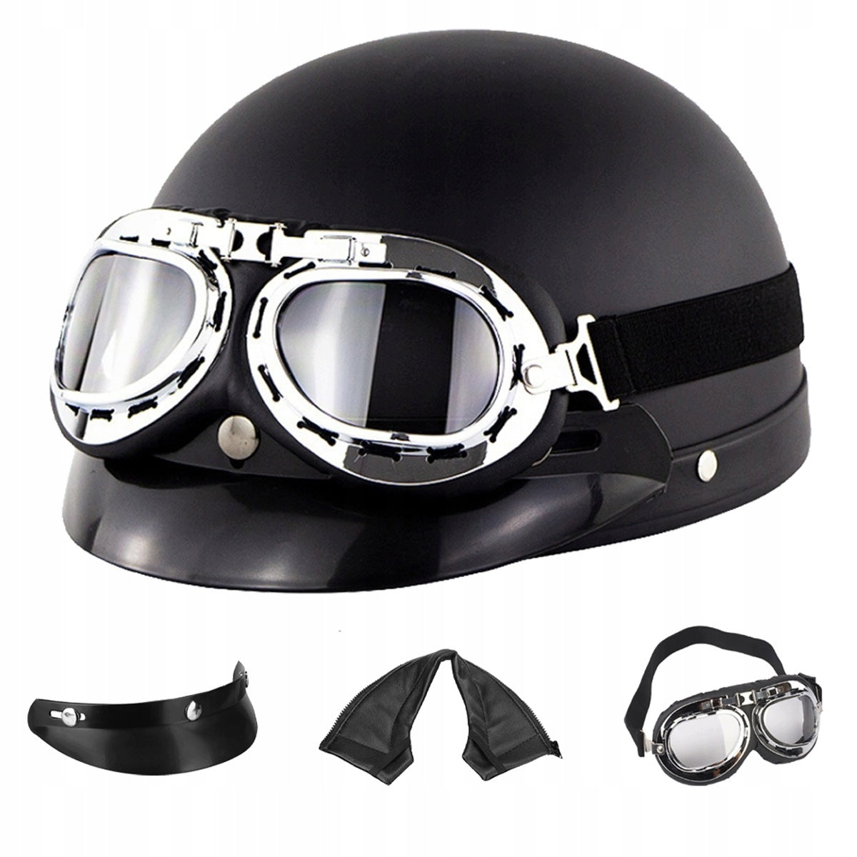 Motorcycle Helmet Leather Helmet Retro Soft And Comfortable + Goggles Set Black