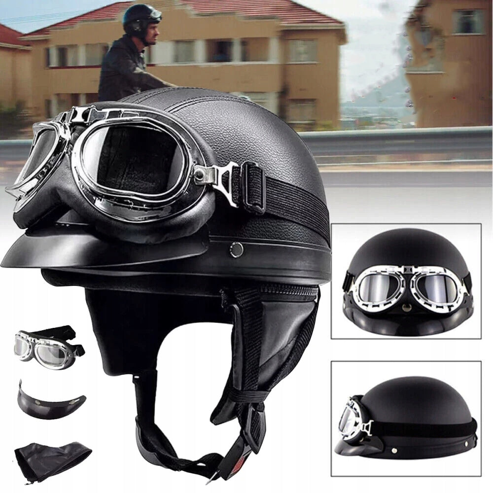 Motorcycle Helmet Retro Peanut German + Goggles Size M/L