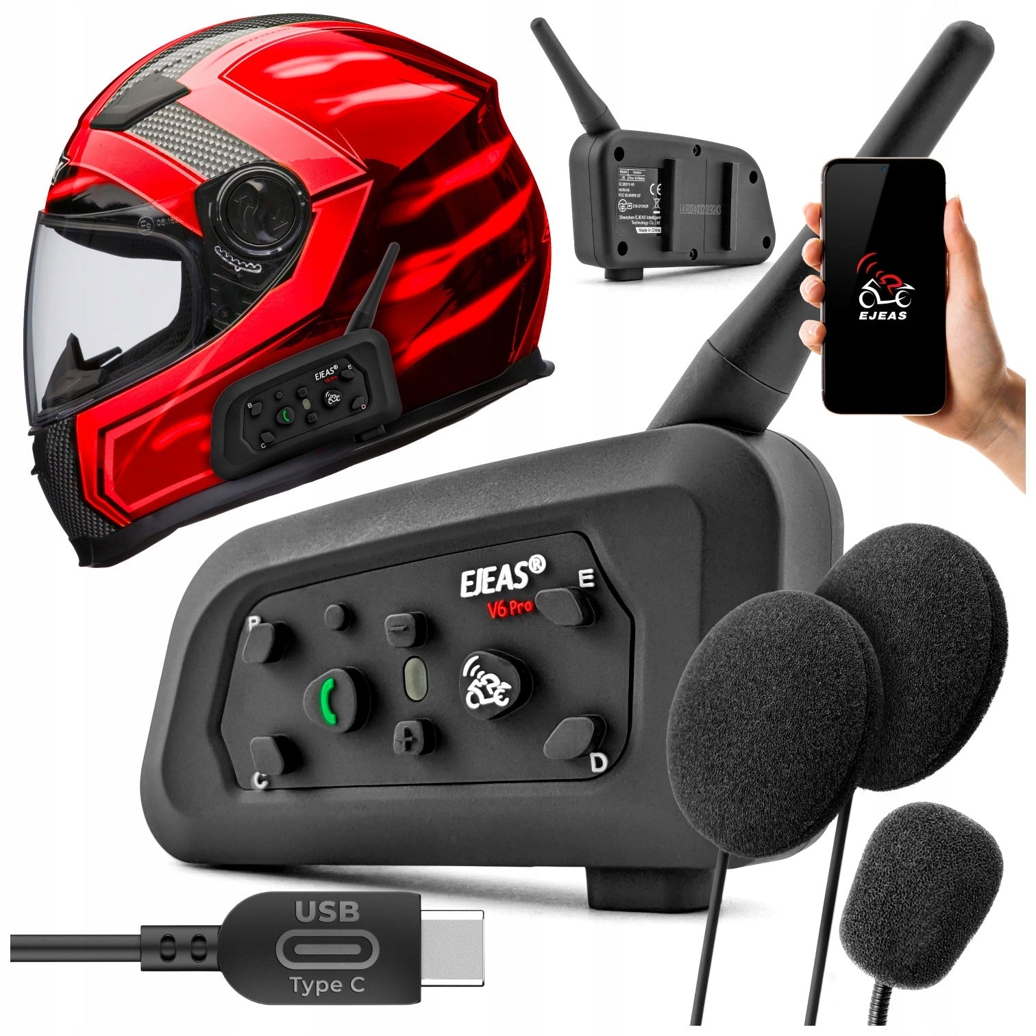 Motorcycle Intercom Ejeas V6 Pro+ Plus USB-C Bluetooth 1200m EUC App