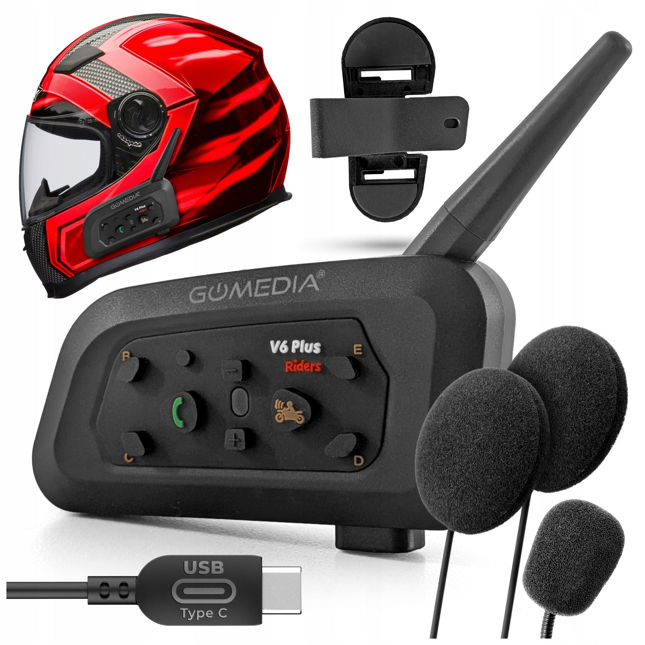 Motorcycle Intercom GOMEDIA V6 Pro Plus for 1 Helmet USB-C Bluetooth 800m EUC