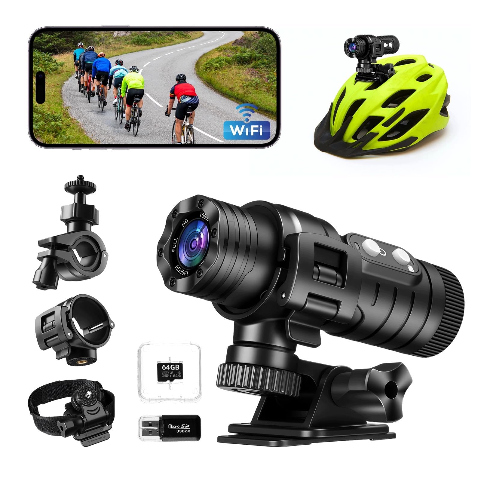 Motorcycle Sports Camera Waterproof 120° 1080phd WiFi + 64GB CARD