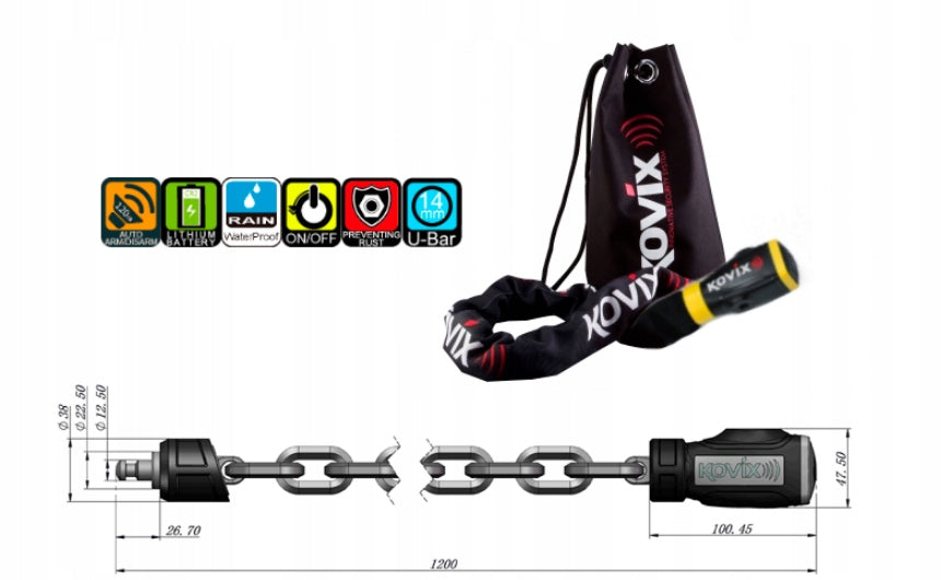 Motorcycle chain WITH ALARM KOVIX KCL8-120 Brand Kovix