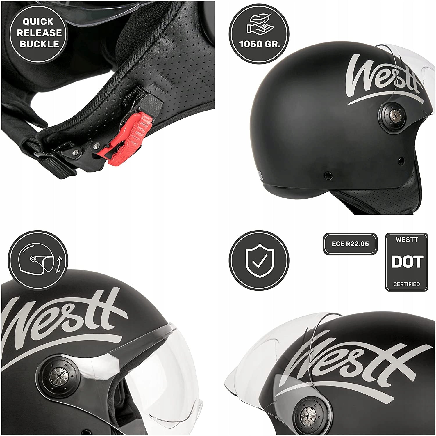 Motorcycle helmet Westt Open Face with transparent visor M 57-58cm 9010 Manufacturer Westt