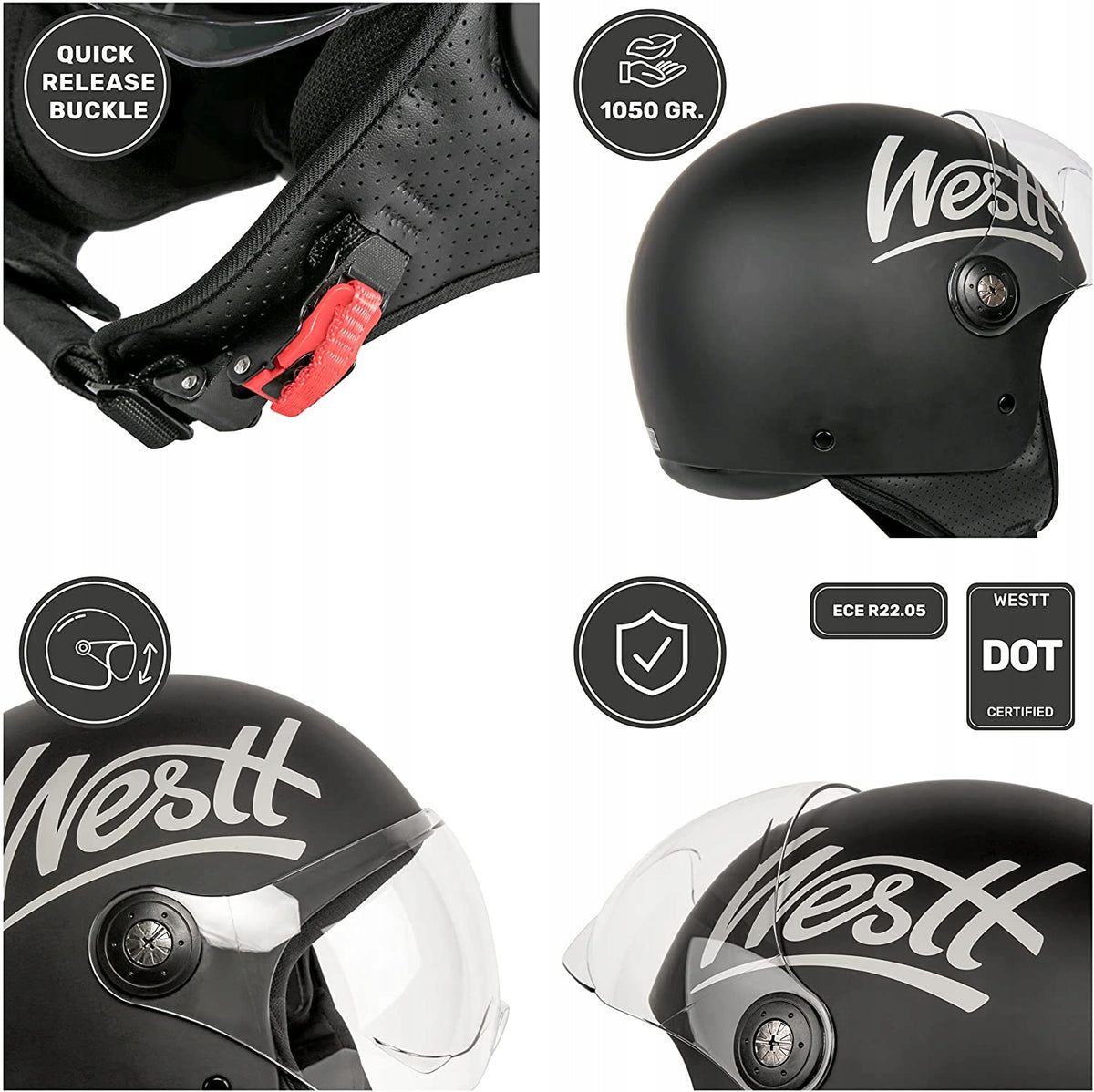 Motorcycle helmet Westt Open Face with transparent visor M 57-58cm 9010 Manufacturer Westt