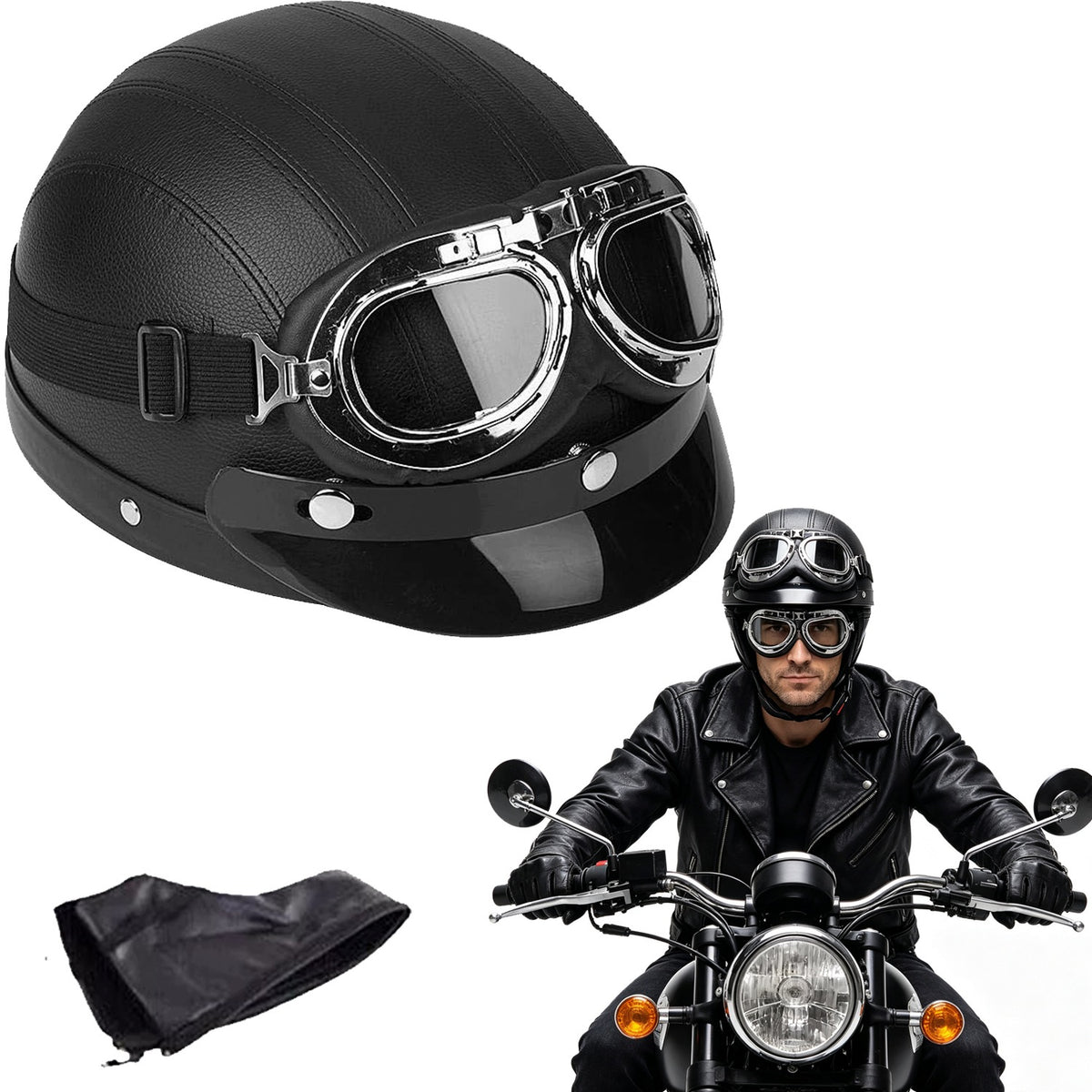 Motorcycle helmet leather retro classic light chopper goggle set 52-62CM