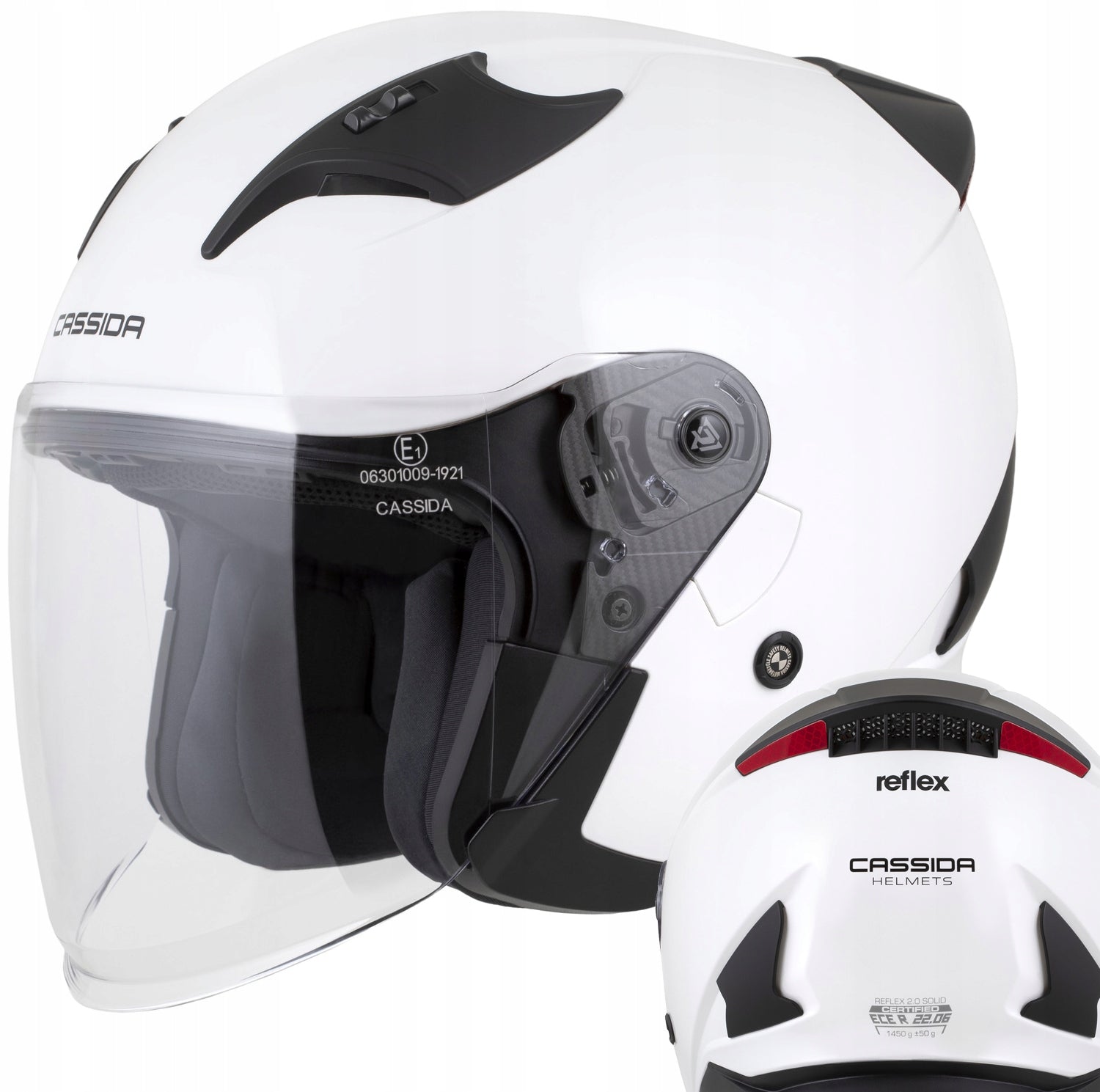 Motorcycle helmet open CASSIDA REFLEX white 2 XS 53-54 ECE22.06J reflectors