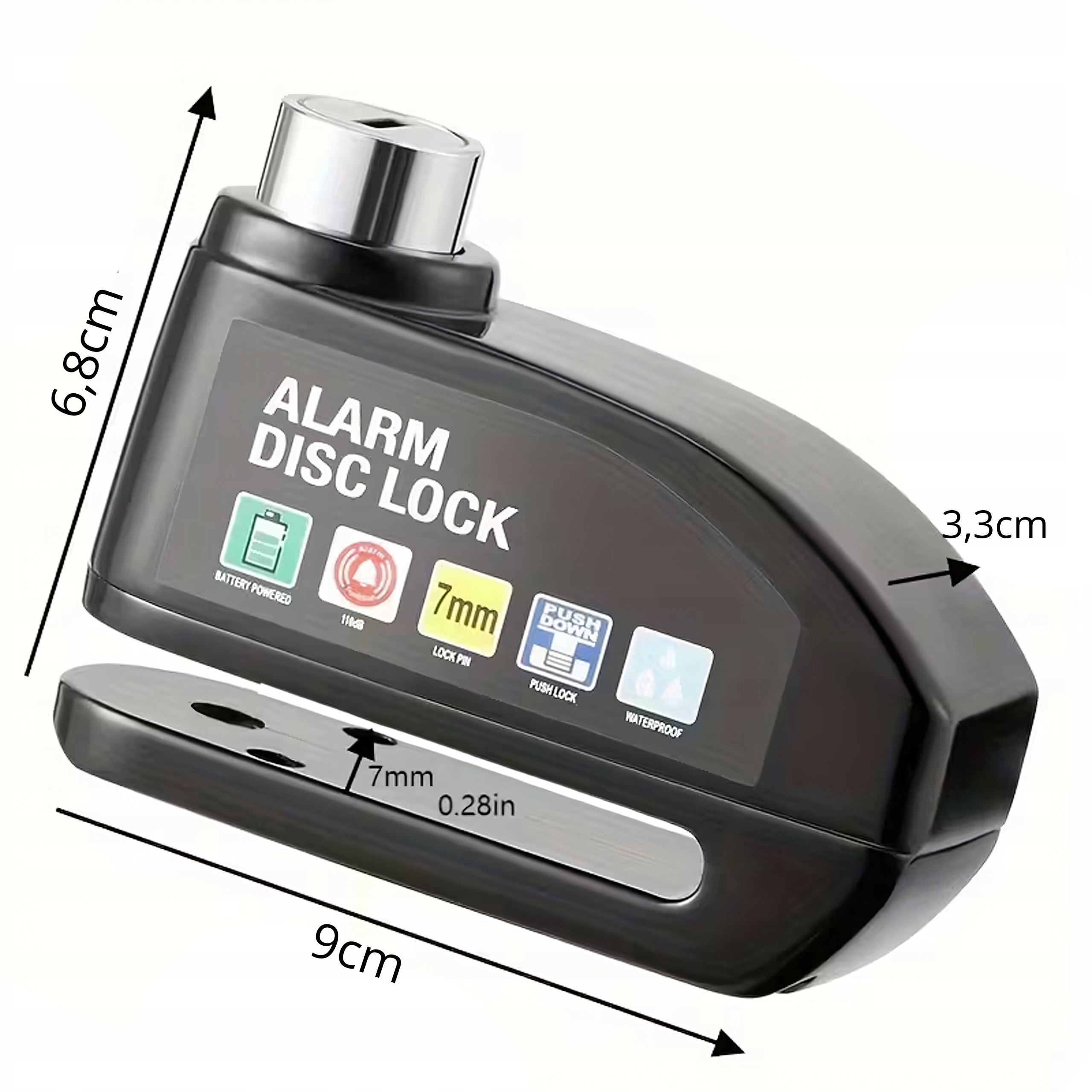 Motorcycle lock with 110 dB alarm on brake disc MOTION SENSOR Manufacturer code ZABEZPIECZENIE ROWERU ALARM NA KLUCZYKI