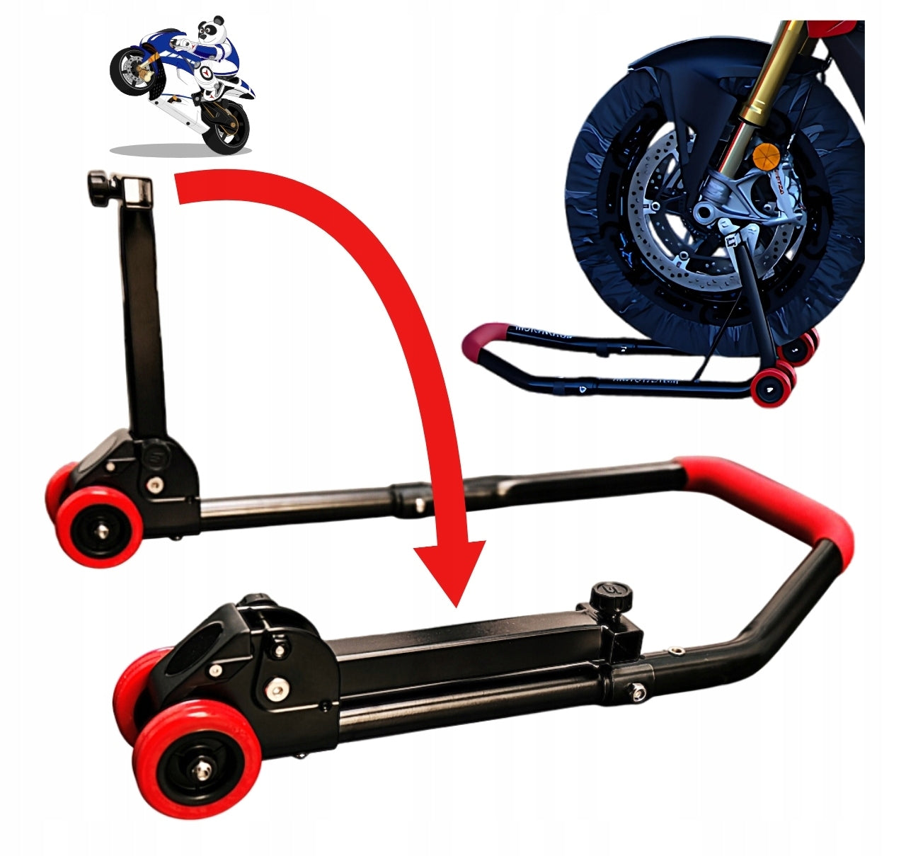 Motorcycle stand folding front under motorcycle lift