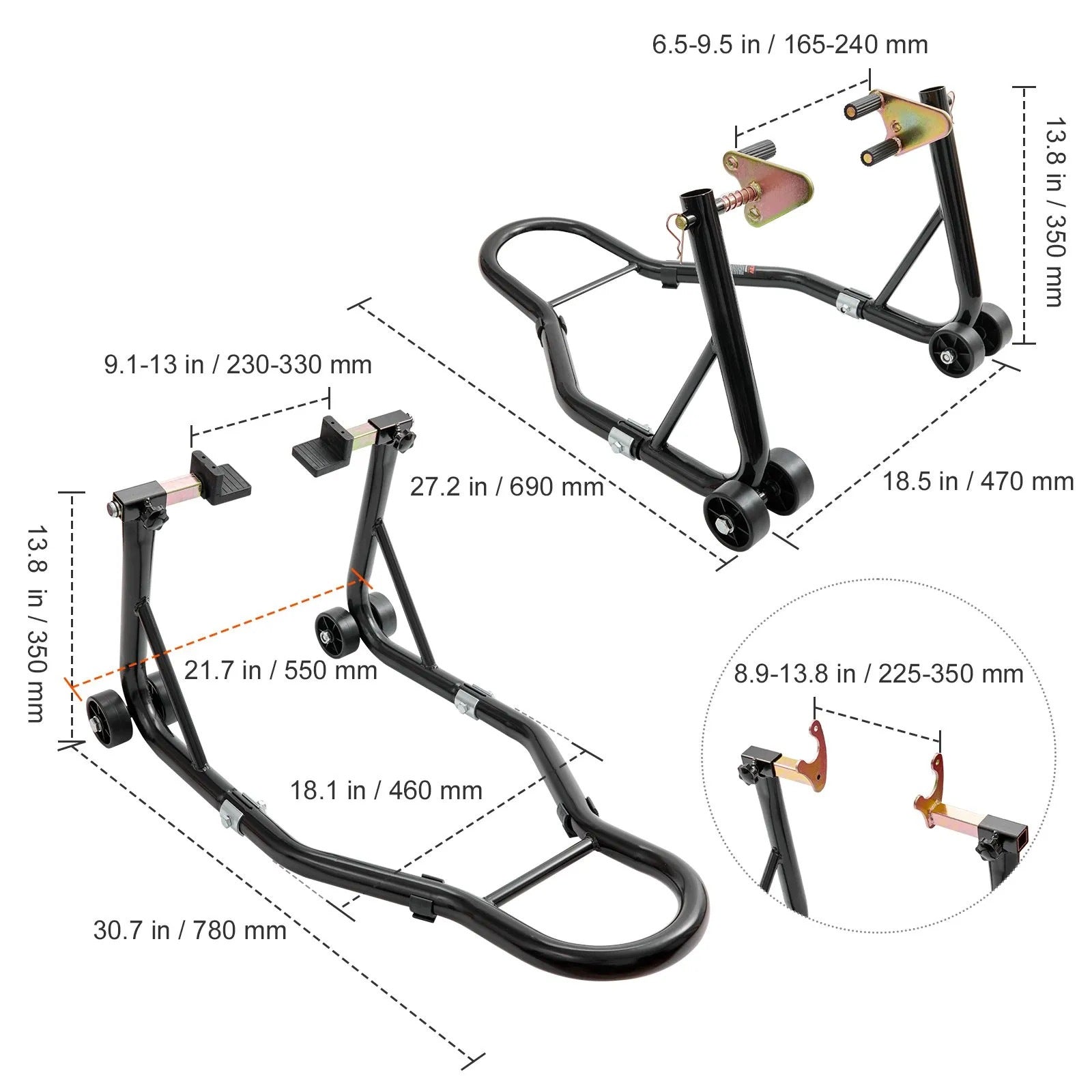 Motorcycle stand front rear black strong steel 390 kg set adjustable U L Manufacturer no brand