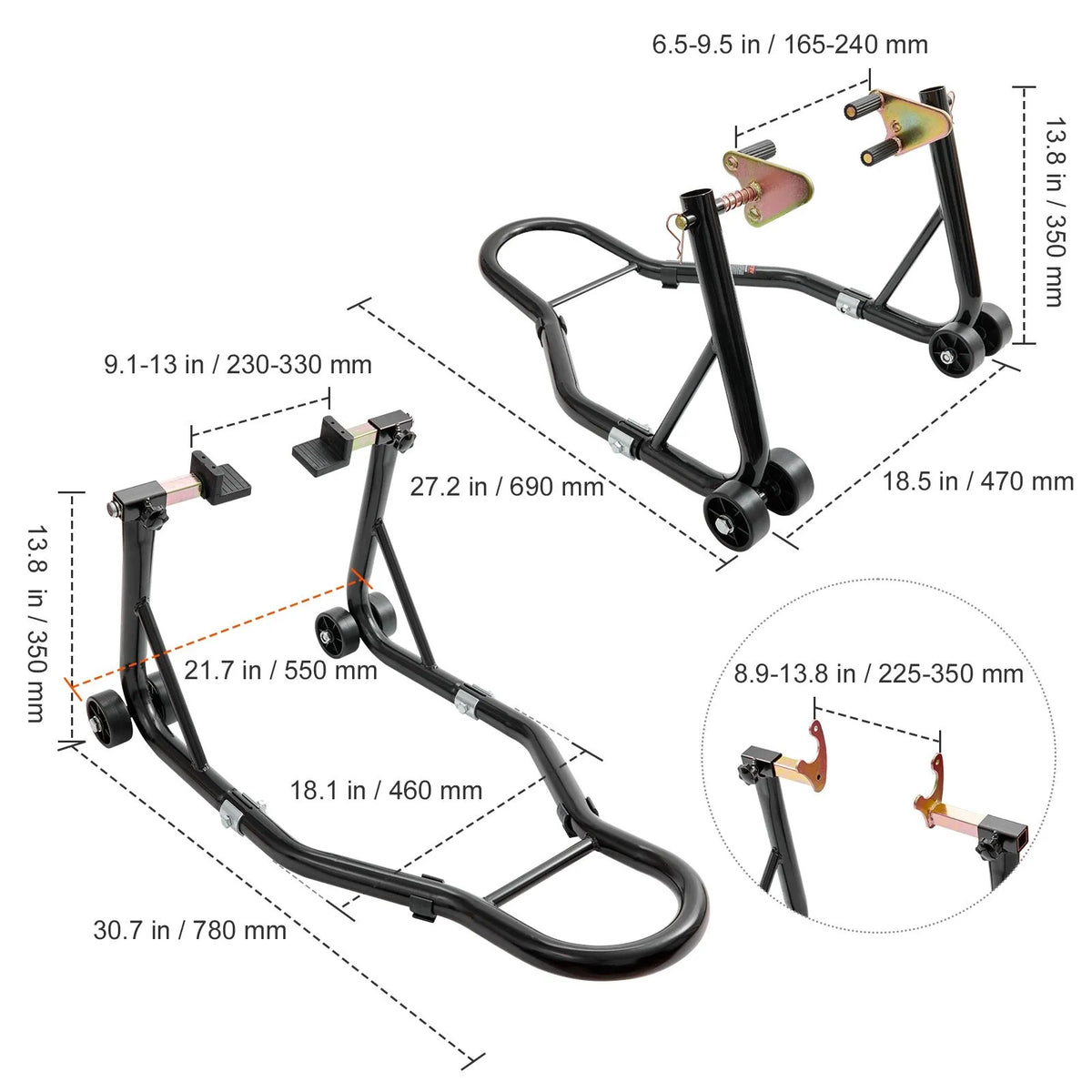 Motorcycle stand front rear black strong steel 390 kg set adjustable U L Manufacturer no brand