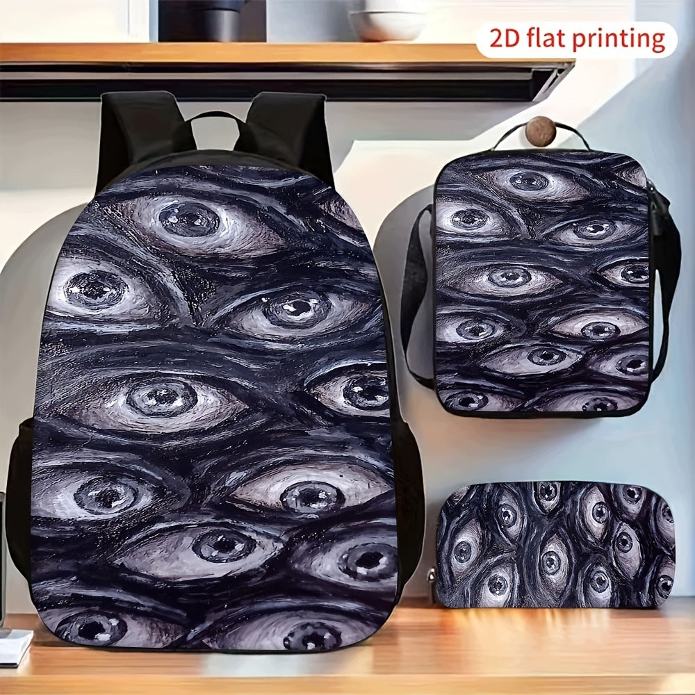 Multi-Abstract Eyes Pattern Backpack Set with Shoulder Bag