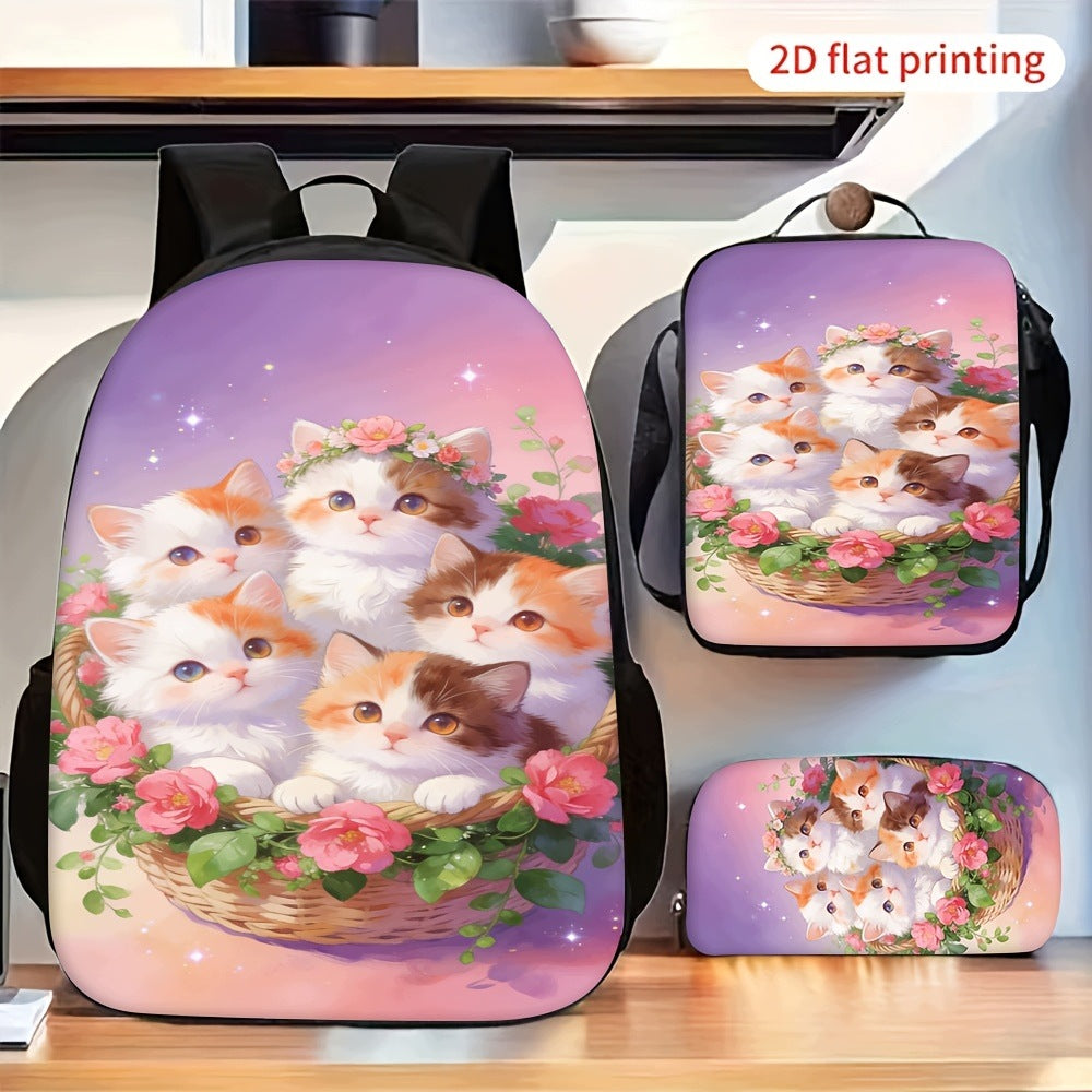 Multi-Kitten Flower Basket Pattern Backpack Set with Lunch Bag and Pencil Case