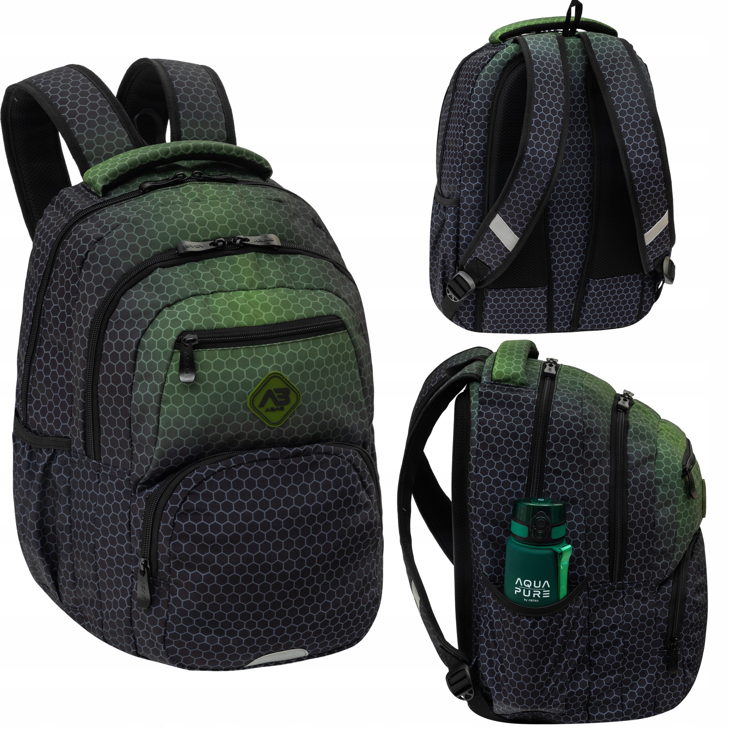 Multi-chamber school backpack AstraBag 27l Hexagon Green Ombre