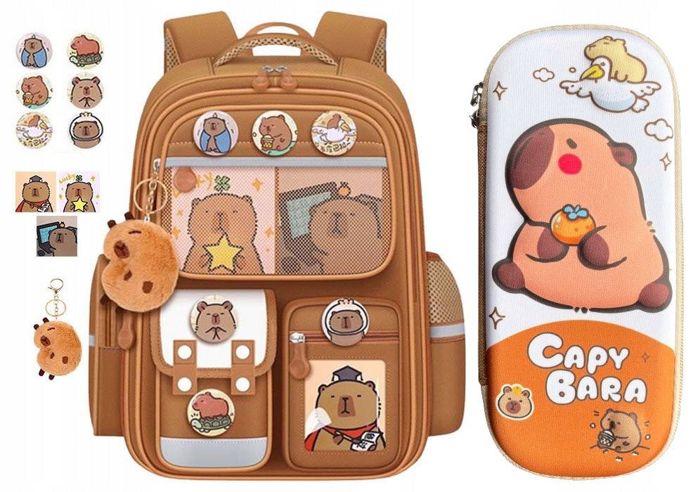 Multi-chamber school backpack Jelly Pens shades of brown and beige