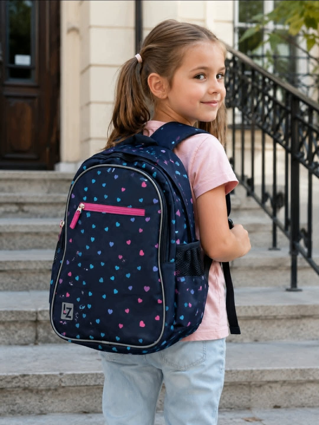 Multi-chamber school backpack LOOZZ Kids navy blue with hearts
