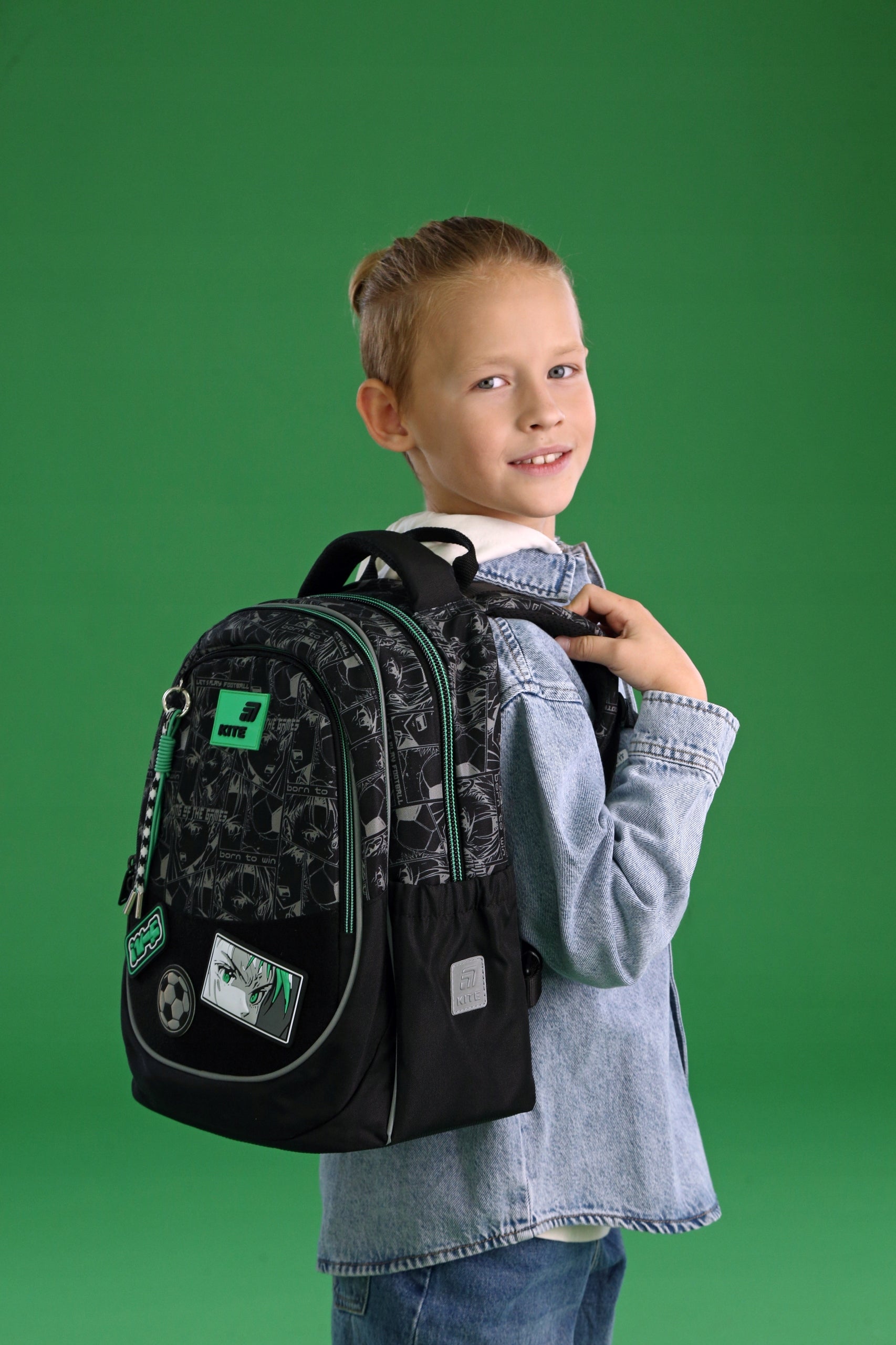 Multi-chamber school backpack black for boy 6-10 years with patches Kite Packaging status original