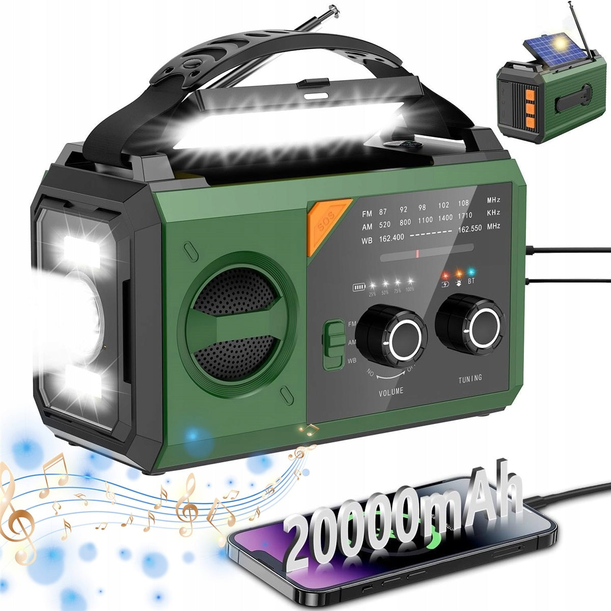 Multifunction radio with Bluetooth 5.3 and 20000mAh solar panel
