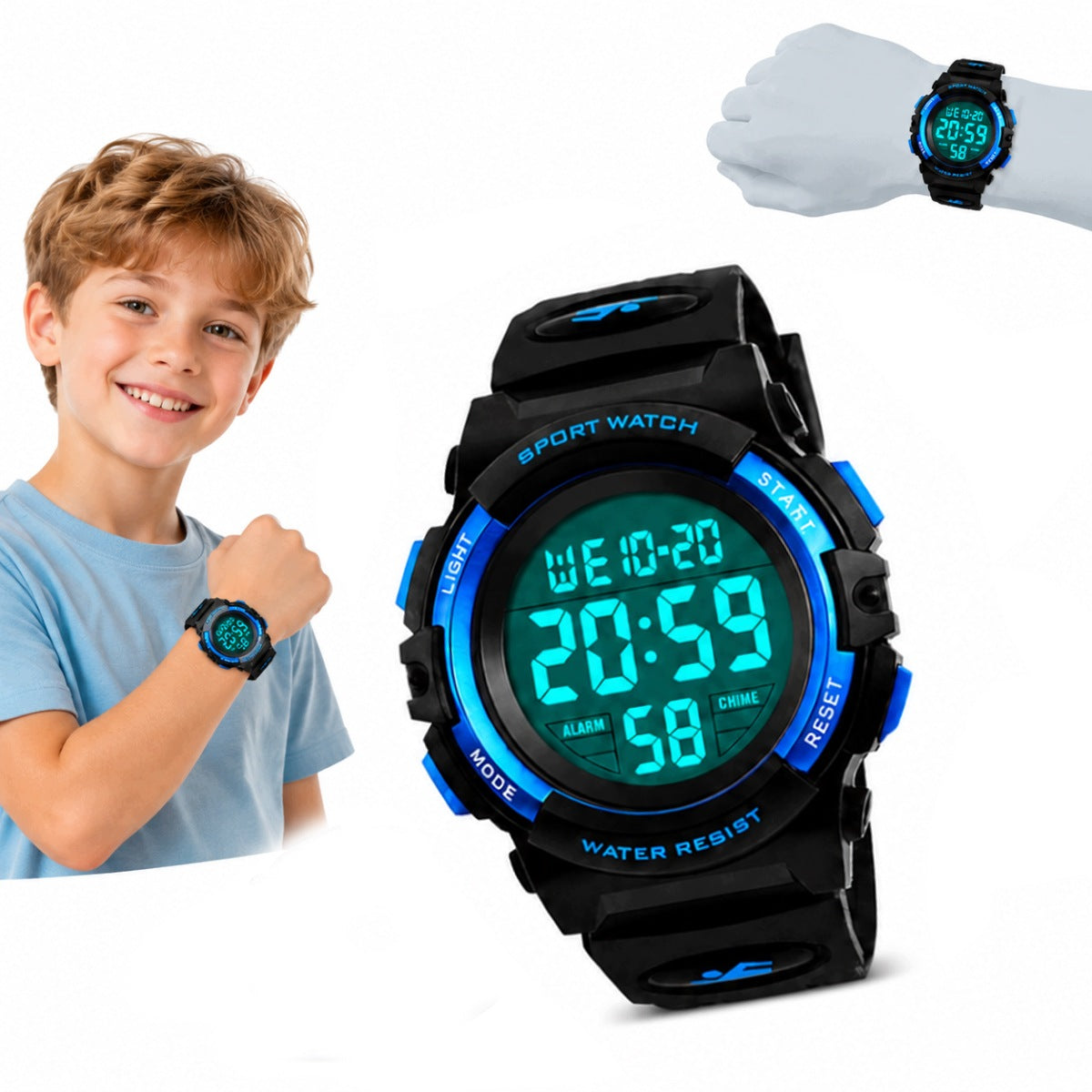 Multifunctional Digital Sports Watch for Kids, Waterproof, LED