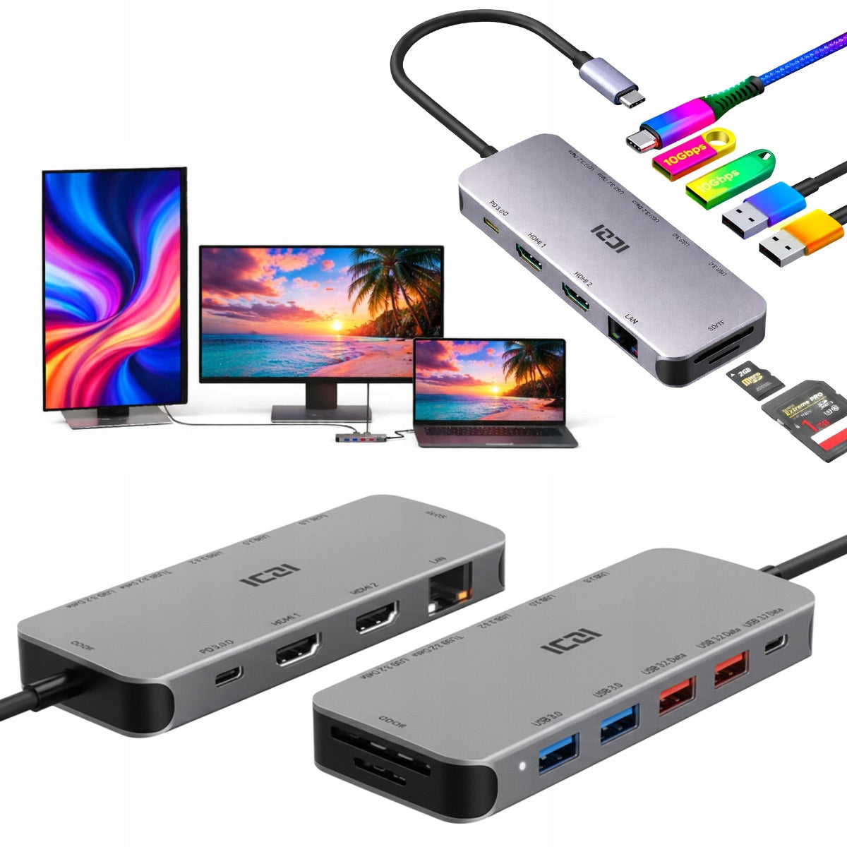 Multifunctional Docking Station for Two Monitors with HDMI USB-C and Charging
