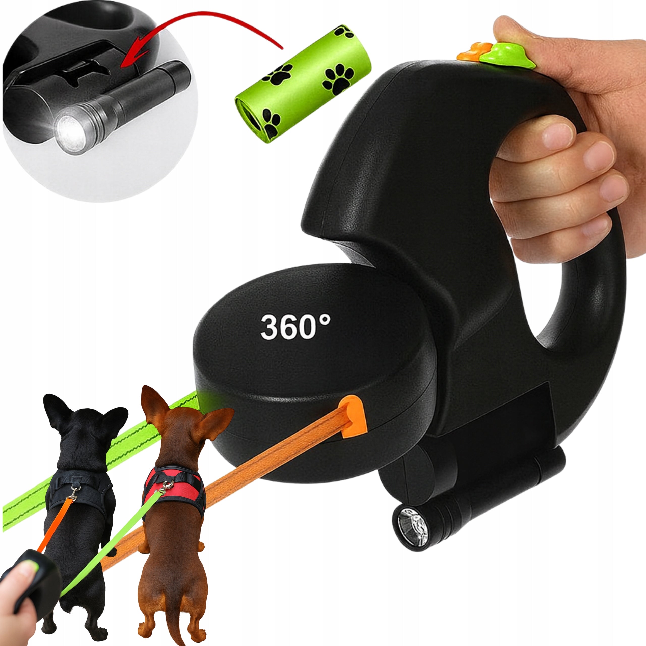Multifunctional automatic leash for two dogs, cats with flashlight + FREEBIE Manufacturer code PT0577BU