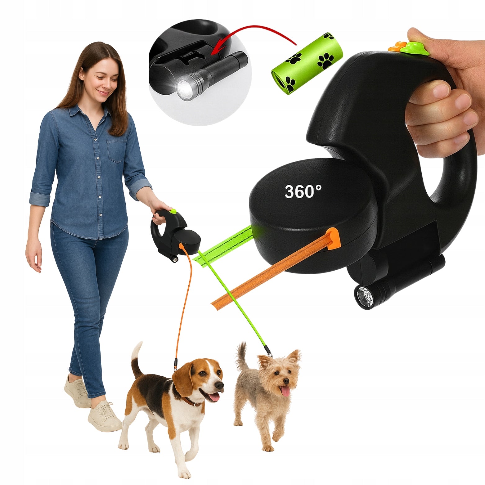 Multifunctional automatic leash for two dogs, cats with flashlight + FREEBIE