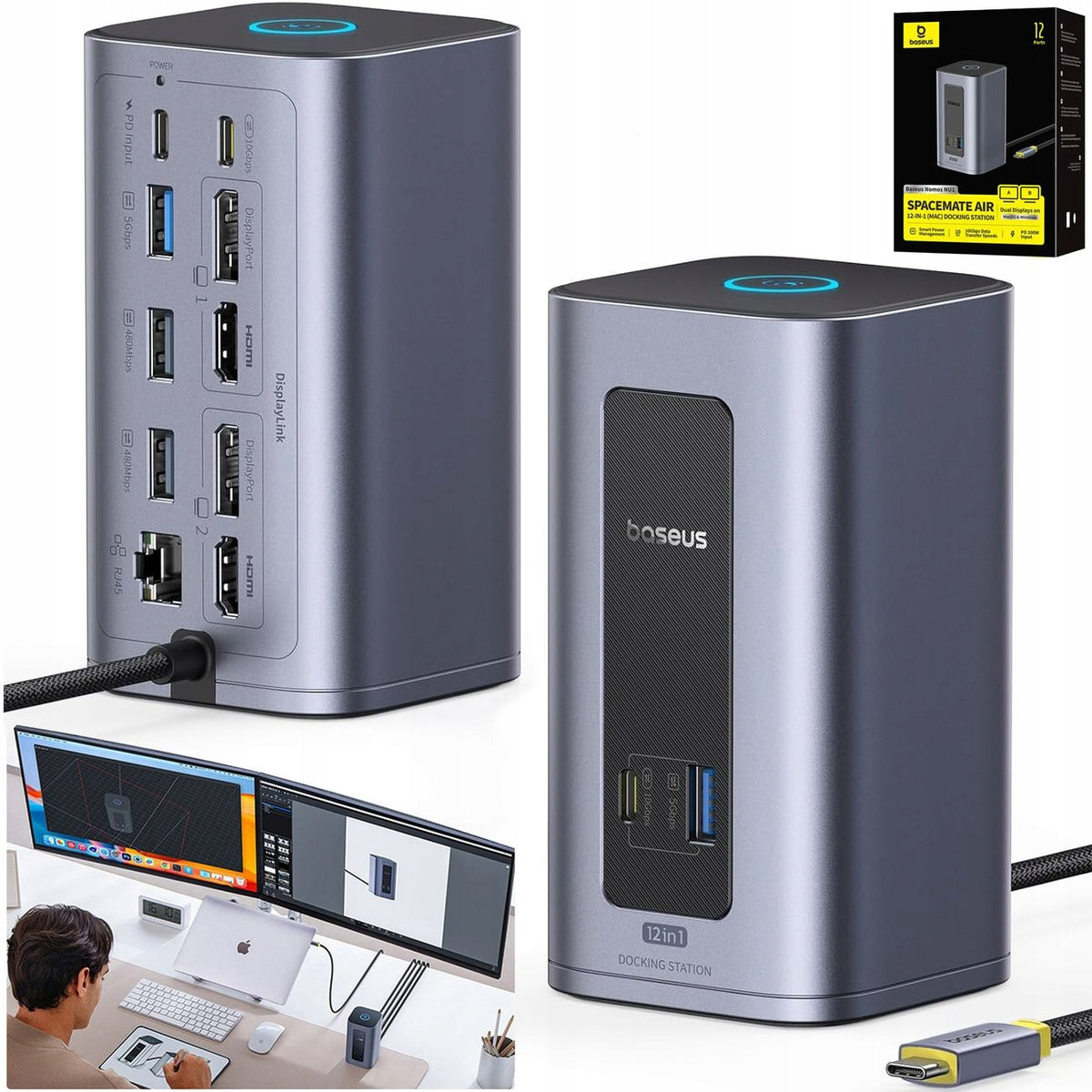 Multiport HUB 12in1 USB-C 2x HDMI 2x DP DUAL DISPLAY RJ 45 100W