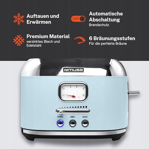 Muse Retro Toaster, 2 Slices, 6 Toasting Levels Pastel Blue Packaging status original