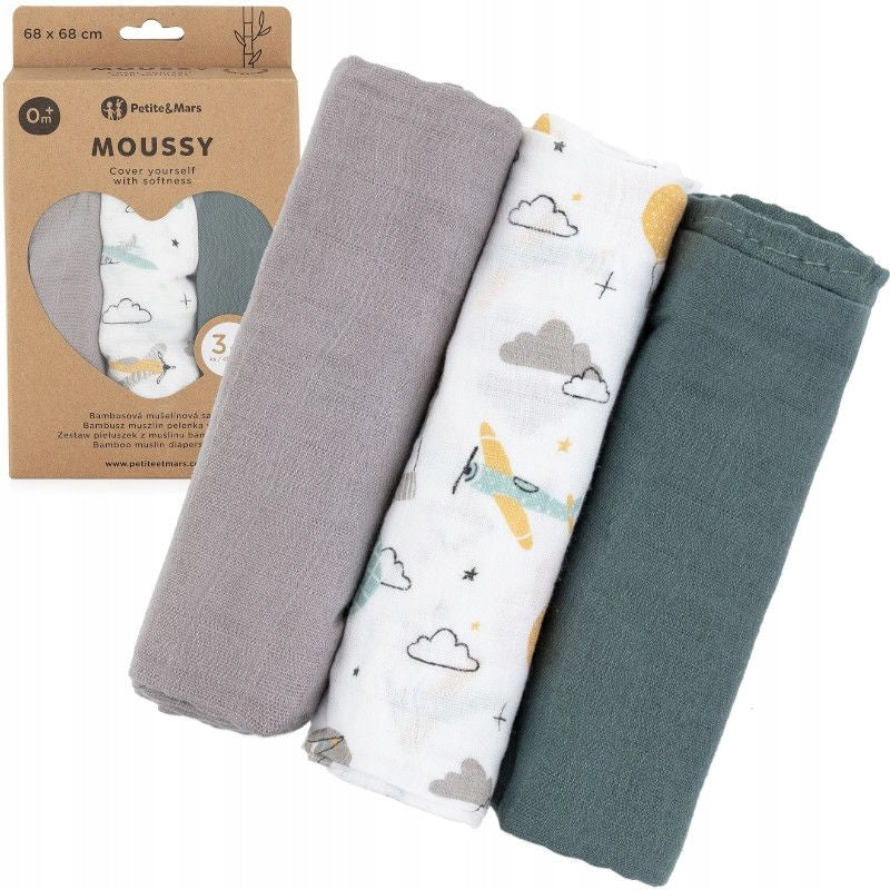 Muslin Diaper Petite&Mars Moussy Grey Planes