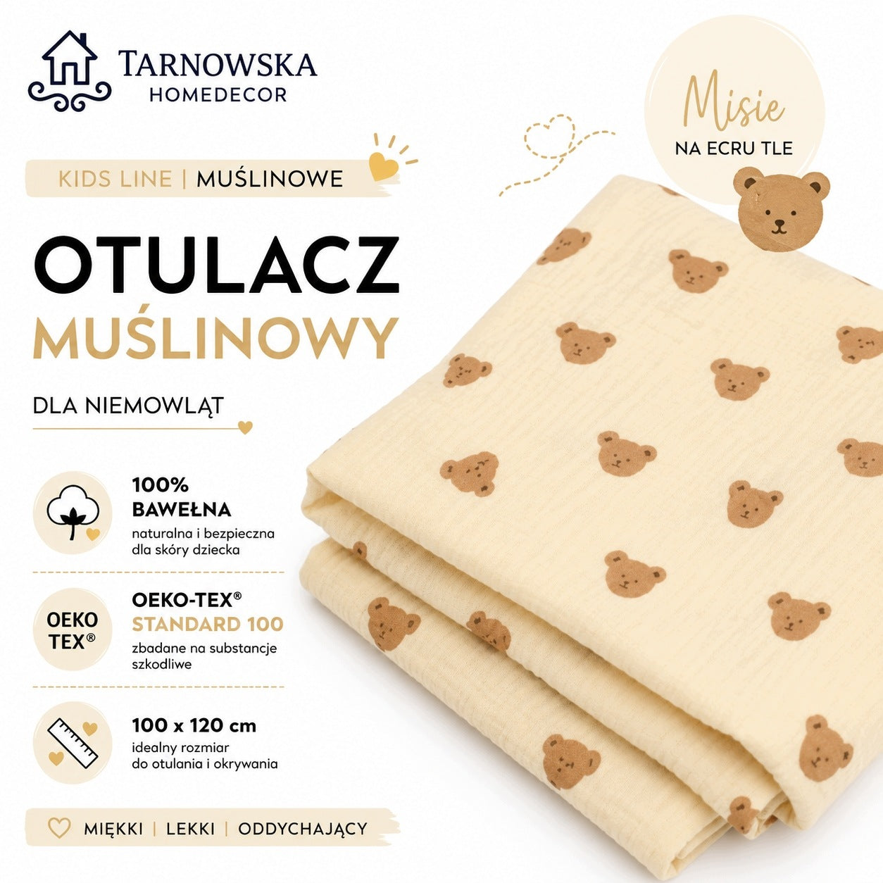 Muslin Swaddle 100x120 Blanket Diaper Crocheted thick Teddy Bears on ecru Packaging status original