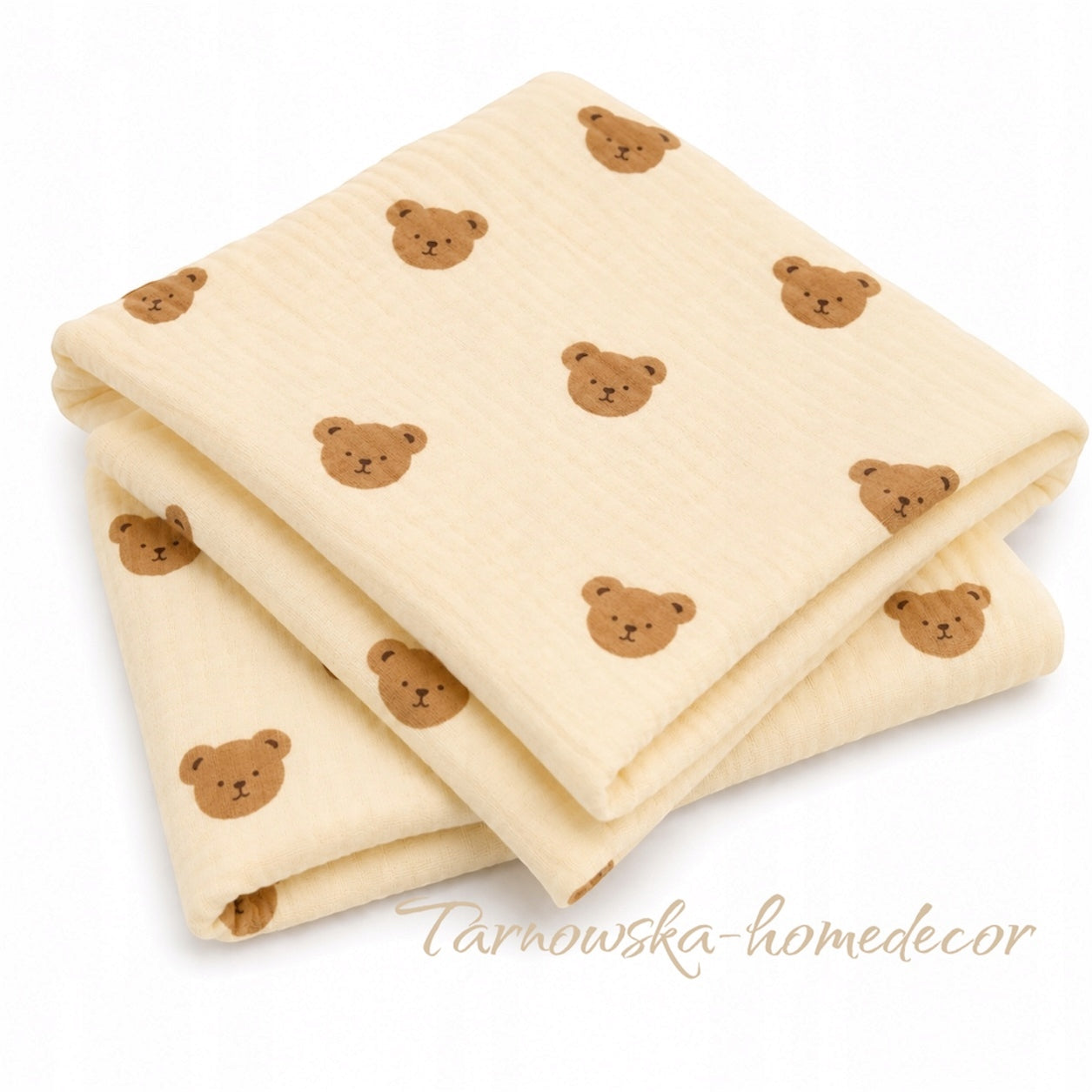 Muslin Swaddle 100x120 Blanket Diaper Crocheted thick Teddy Bears on ecru