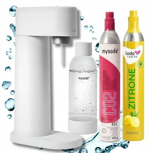 MySoda Woody Water Saturator + 2x SodaTaste Cartridge Bottle 1L White
